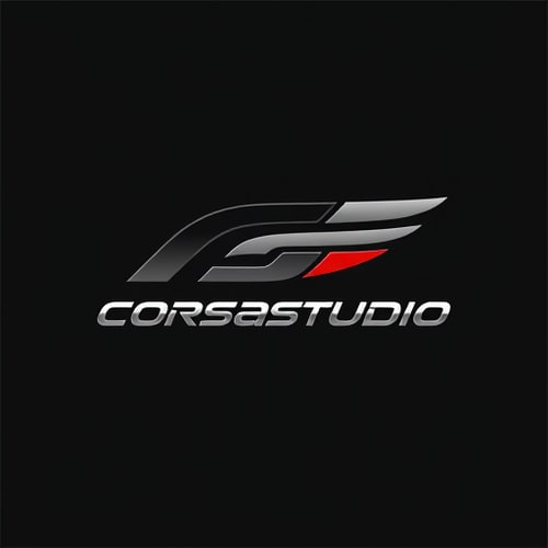 AI Design for Emblem for a high-fashion streetwear clothing brand inspired by Formula 1 racing named "CorsaStudio": Dynamic lines and aerodynamic shapes, evoking speed and precision. A dark, sophisticated color palette of obsidian black, deep charcoal gray, and metallic silver with subtle crimson accents. Bold, angular typography, reminiscent of F1 car livery. Design a logo that merges abstract automotive design elements with a classic emblem structure, using sharp edges and a sense of forward momentum. Employ a high-contrast visual execution with a metallic sheen effect. Use a solid, dark background.