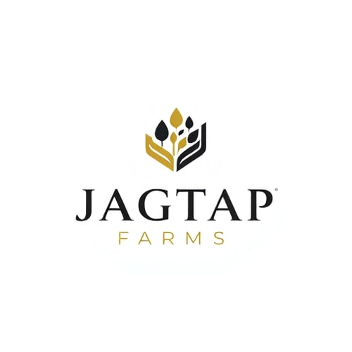 AI Design for "A minimalist luxury logo for 'Jagtap Farms' featuring a geometric abstract icon inspired by growth and progress. The typography is modern and refined, with balanced spacing. The icon should use clean lines and subtle negative space to symbolize innovation, while the restrained black-and-gold palette gives the brand a premium feel. The design must remain scalable for both packaging and large displays."