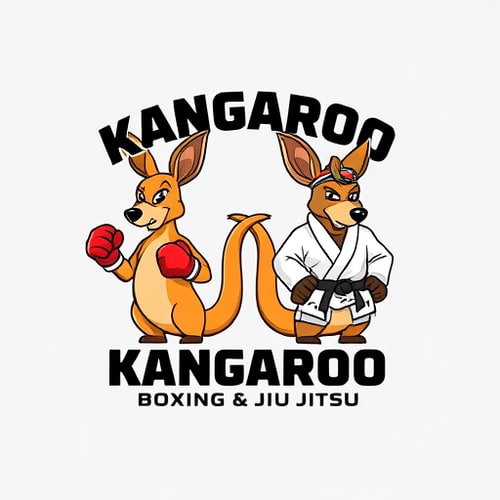 AI Design for "Create a clean, professional logo featuring two cartoon-style kangaroos. One kangaroo should be wearing red boxing gloves, standing in a boxing stance. The other kangaroo should be wearing a white jiu-jitsu gi with a black belt, standing in a grappling stance. Both kangaroos should have determined and focused facial expressions, but not look angry. Remove any headbands from their heads. Place bold, modern, professional typography above the characters with the word 'KANGAROO' in all caps. Below the kangaroos, add 'BOXING & JIU JITSU' in a strong, clean font. The overall design should look modern, minimal, and suitable for a professional martial arts academy logo."