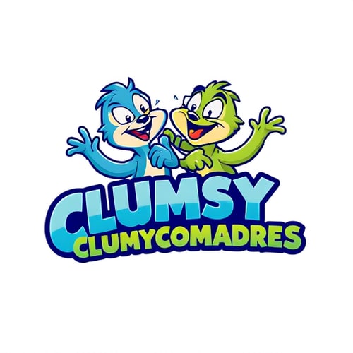 AI Design for Character logo for a gaming and comedy Twitch channel named "ClumsyComadres": a pair of slightly disheveled but enthusiastic cartoon mascots (perhaps anthropomorphic animals like sloths or clumsy birds) interacting playfully, one tripping over the other, with expressive, exaggerated features. Vibrant and energetic color palette featuring bright blues, greens, and pops of yellow or orange, hinting at fun and chaos. Playful, slightly rounded, hand-drawn typography for "ClumsyComadres," with a bit of bounce or wobble. Design inspired by Looney Tunes animation and retro arcade game aesthetics, with a focus on bold lines and dynamic poses. Visual execution with a slightly textured, hand-drawn feel, giving a charmingly imperfect and energetic look. Plain white background to make the characters and text pop.