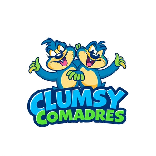 AI Design for Character logo for a gaming and comedy Twitch channel named "ClumsyComadres": a pair of slightly disheveled but enthusiastic cartoon mascots (perhaps anthropomorphic animals like sloths or clumsy birds) interacting playfully, one tripping over the other, with expressive, exaggerated features. Vibrant and energetic color palette featuring bright blues, greens, and pops of yellow or orange, hinting at fun and chaos. Playful, slightly rounded, hand-drawn typography for "ClumsyComadres," with a bit of bounce or wobble. Design inspired by Looney Tunes animation and retro arcade game aesthetics, with a focus on bold lines and dynamic poses. Visual execution with a slightly textured, hand-drawn feel, giving a charmingly imperfect and energetic look. Plain white background to make the characters and text pop.