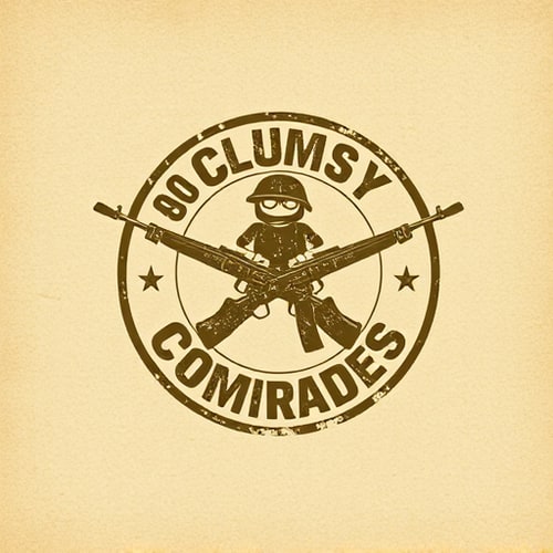 AI Design for Emblem for a war-inspired shooting game named "ClumsyComrades": A distressed, circular emblem featuring a stylized, slightly comical soldier silhouette mid-stumble, surrounded by crossed, cartoonish rifles. A muted, desaturated color palette of olive drab, dusty brown, and a hint of faded red. Bold, stencil-like typography for the game title. Design a gritty, slightly humorous war aesthetic, with visible textures and a worn, battle-scarred visual execution. Background type: a textured, parchment-like surface.