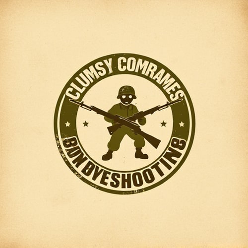 AI Design for Emblem for a war-inspired shooting game named "ClumsyComrades": A distressed, circular emblem featuring a stylized, slightly comical soldier silhouette mid-stumble, surrounded by crossed, cartoonish rifles. A muted, desaturated color palette of olive drab, dusty brown, and a hint of faded red. Bold, stencil-like typography for the game title. Design a gritty, slightly humorous war aesthetic, with visible textures and a worn, battle-scarred visual execution. Background type: a textured, parchment-like surface.