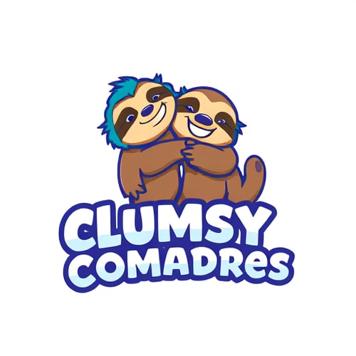 AI Design for Character logo for a gaming and comedy Twitch channel named "ClumsyComadres": a pair of slightly disheveled but enthusiastic cartoon sloths interacting playfully, one tripping over the other, with expressive, exaggerated features, Vibrant and energetic color palette featuring bright blues, greens, and pops of yellow and orange, Playful, slightly rounded, hand-drawn typography for "ClumsyComadres," with a bit of bounce or wobble. Design inspired by war animation and retro arcade game aesthetics, with a focus on bold lines and dynamic poses, Visual execution with a slightly textured, hand-drawn feel, giving a charmingly imperfect and energetic look, Plain white background to make the characters and text pop.