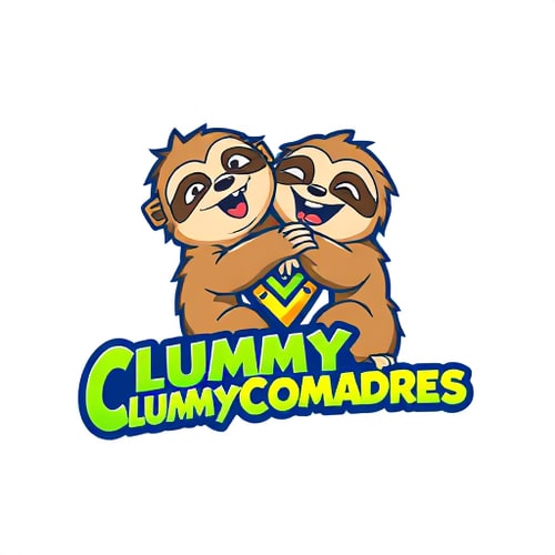 AI Design for Character logo for a gaming and comedy Twitch channel named "ClumsyComadres": a pair of slightly disheveled but enthusiastic cartoon sloths interacting playfully, one tripping over the other, with expressive, exaggerated features, Vibrant and energetic color palette featuring bright blues, greens, and pops of yellow and orange, Playful, slightly rounded, hand-drawn typography for "ClumsyComadres," with a bit of bounce or wobble. Design inspired by war animation and retro arcade game aesthetics, with a focus on bold lines and dynamic poses, Visual execution with a slightly textured, hand-drawn feel, giving a charmingly imperfect and energetic look, Plain white background to make the characters and text pop.