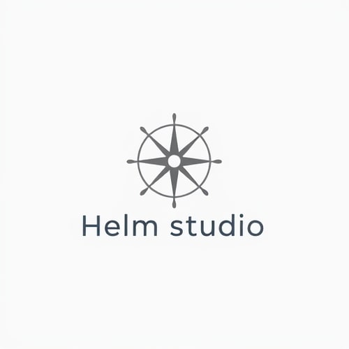 AI Design for Minimalist logo for a modern furniture design studio named "Helm Studio": A clean, emblem representation of a helm or compass rose integrated with subtle furniture elements like lines or angles, or grid form symbolizing guidance and craftsmanship. Color palette: Muted blues, grays, and a touch of warm wood tone. Typography: A sleek, sans-serif typeface with good legibility. Design: Scandinavian and mid-century modern influence. Visual execution: Flat design with precise lines and balanced composition. Background: Transparent.