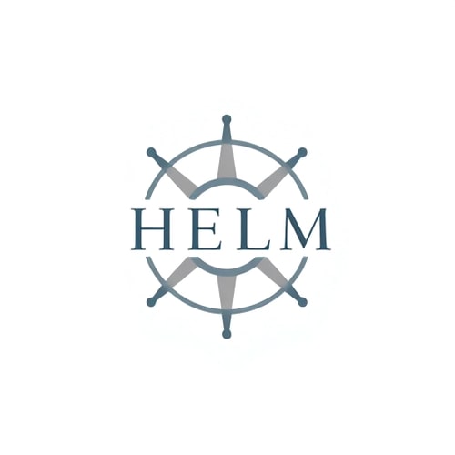 AI Design for Minimalist logo for a modern furniture design studio named "Helm Studio": A clean, emblem representation of a helm or compass rose integrated with subtle furniture elements like lines or angles, or grid form symbolizing guidance and craftsmanship. Color palette: Muted blues, grays, and a touch of warm wood tone. Typography: A sleek, sans-serif typeface with good legibility. Design: Scandinavian and mid-century modern influence. Visual execution: Flat design with precise lines and balanced composition. Background: Transparent.