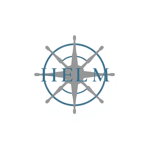 AI Design for Minimalist logo for a modern furniture design studio named "Helm Studio": A clean, geometric representation of a helm or compass rose integrated with subtle furniture elements like lines or angles, symbolizing guidance and craftsmanship. Color palette: Muted blues, grays, and a touch of warm wood tone. Typography: A sleek, sans-serif typeface with good legibility. Design: Scandinavian and mid-century modern influence. Visual execution: Flat design with precise lines and balanced composition. Background: Transparent.
