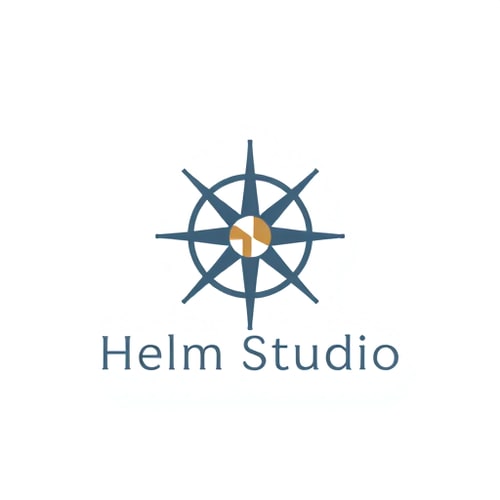AI Design for Minimalist logo for a modern furniture design studio named "Helm Studio": A clean, geometric representation of a helm or compass rose integrated with subtle furniture elements like lines or angles, symbolizing guidance and craftsmanship. Color palette: Muted blues, grays, and a touch of warm wood tone. Typography: A sleek, sans-serif typeface with good legibility. Design: Scandinavian and mid-century modern influence. Visual execution: Flat design with precise lines and balanced composition. Background: Transparent.