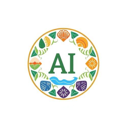 AI Design for Pictorial logo for AI training for Lakshadweep teachers by Kite, Kerala: A fusion of Lakshadweep and Kerala cultural elements within a circular emblem, symbolizing knowledge and connection. The design will incorporate stylized representations of traditional Lakshadweep art forms (e.g., intricate patterns from mat weaving or shell craft) and iconic Kerala imagery (e.g., Kathakali masks, lotus flowers, or coconut trees) subtly interwoven. Color palette will be vibrant yet harmonious, featuring ocean blues and greens inspired by Lakshadweep, complemented by the warm earthy tones and gold accents characteristic of Kerala. Typography will be clean, modern sans-serif, easily readable and professional, suggesting innovation and accessibility. Design influence will be a blend of contemporary graphic design with traditional folk art aesthetics, aiming for a professional and culturally relevant feel. Visual execution details will include smooth lines, clear iconography, and a sense of depth within the circular form. Background type will be transparent or a subtle gradient mirroring the ocean or sky. Pictures of AI to be included
