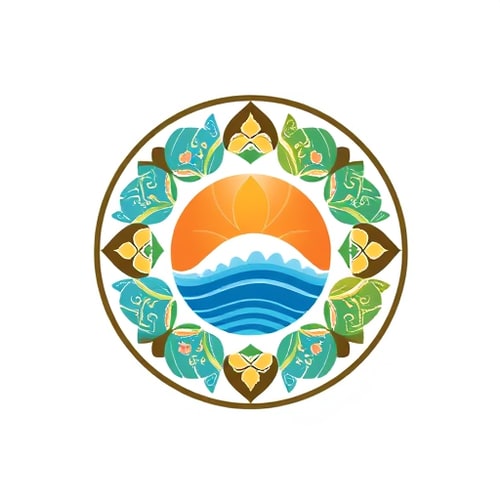 AI Design for Pictorial logo for AI training for Lakshadweep teachers by Kite, Kerala: A fusion of Lakshadweep and Kerala cultural elements within a circular emblem, symbolizing knowledge and connection. The design will incorporate stylized representations of traditional Lakshadweep art forms (e.g., intricate patterns from mat weaving or shell craft) and iconic Kerala imagery (e.g., Kathakali masks, lotus flowers, or coconut trees) subtly interwoven. Color palette will be vibrant yet harmonious, featuring ocean blues and greens inspired by Lakshadweep, complemented by the warm earthy tones and gold accents characteristic of Kerala. Typography will be clean, modern sans-serif, easily readable and professional, suggesting innovation and accessibility. Design influence will be a blend of contemporary graphic design with traditional folk art aesthetics, aiming for a professional and culturally relevant feel. Visual execution details will include smooth lines, clear iconography, and a sense of depth within the circular form. Background type will be transparent or a subtle gradient mirroring the ocean or sky.