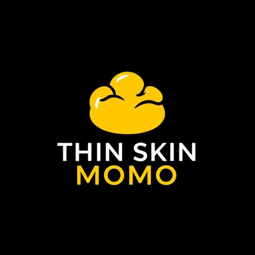 AI Design for a logo with a yellow colour dumpling in its first line , next to it "THIN SKIN" written to it, bellow line "MOMO" written. background is black and all the texts are in white