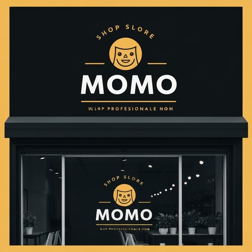 AI Design for design a shop front top banner , with shop mane "MOMO" with momo image in it.