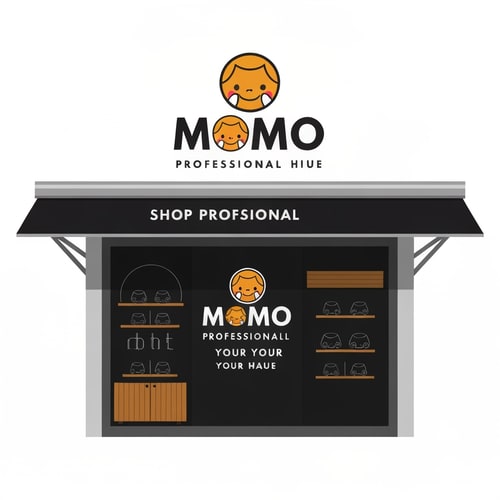 AI Design for design a shop front top banner , with shop mane "MOMO" with momo image in it.