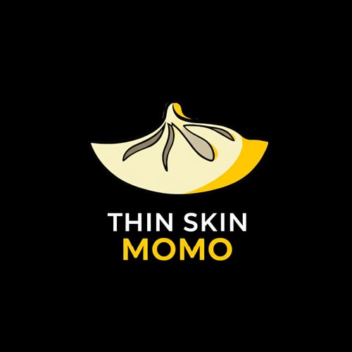 AI Design for change the dumpling image to half moon shaped momo image. and "THIN SKIN" font size should be half the font size of "MOMO"