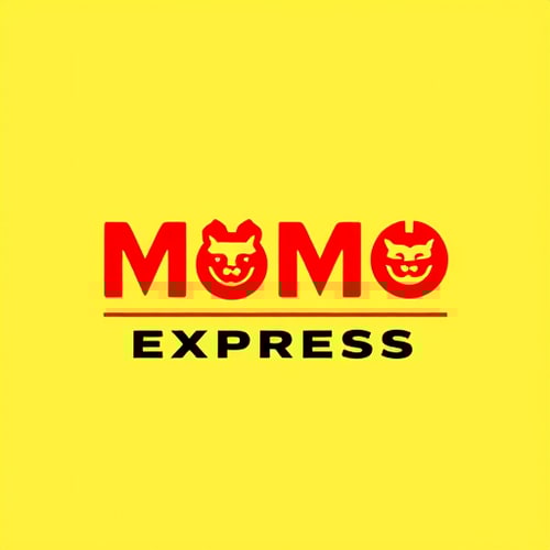 AI Design for make a logo with two lines, first line is written "MOMO", bellow it second line "EXPRESS". first line "MOMO" is Asian looking font and of red color, second line "EXPRESS" is also asian type font with Black color font. first Line "MOMO" has two MOMO designs in place of two "O"s. all are in yellow background.