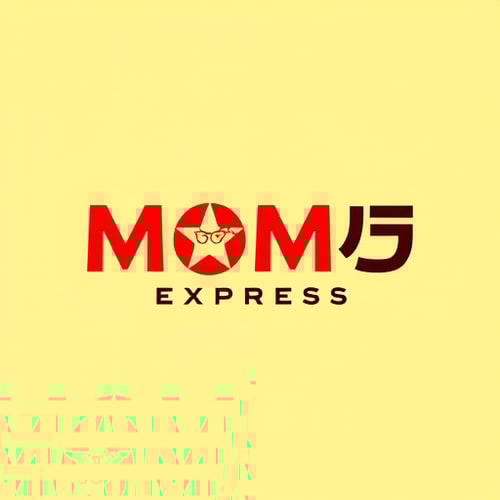 AI Design for make a logo with two lines, first line is written "MOMO", bellow it second line "EXPRESS". first line "MOMO" is Asian looking font and of red color, second line "EXPRESS" is also asian type font with Black color font. first Line "MOMO" has two MOMO designs in place of two "O"s. all are in yellow background.