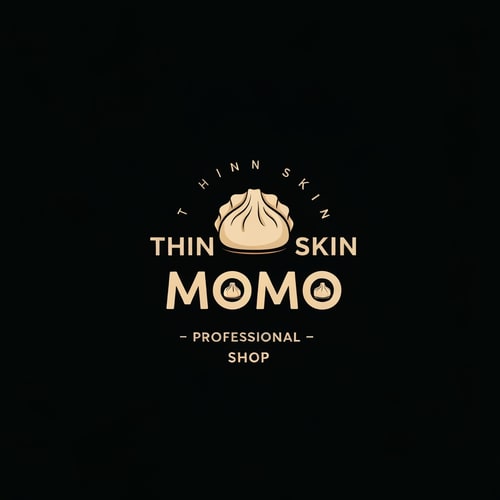AI Design for design a momo shop logo with "THIN SKIN MOMO" written on it with dumpling image. with a black background