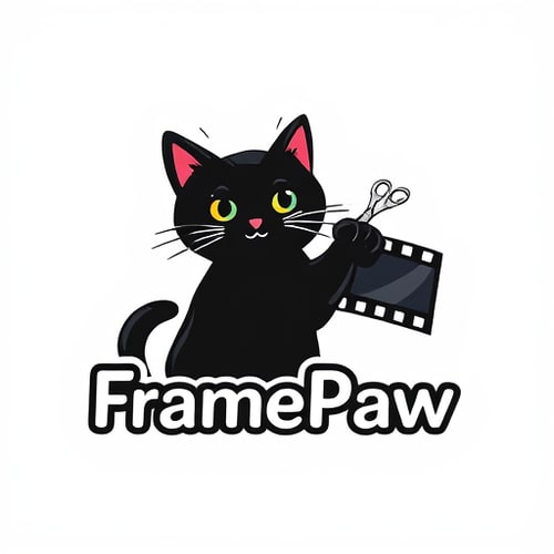 AI Design for Pictorial logo for a YouTube channel featuring a cat named "FramePaw": A black cat with its paw holding scissors cutting a filmstrip, sleek modern font for "FramePaw", transparent background.