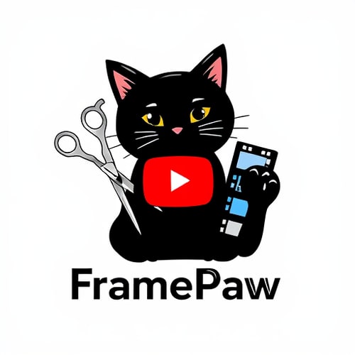 AI Design for Pictorial logo for a YouTube channel featuring a cat named "FramePaw": A black cat with its paw holding scissors cutting a filmstrip, sleek modern font for "FramePaw", transparent background.