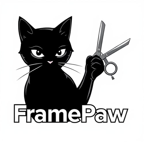 AI Design for Pictorial logo for a YouTube channel named "FramePaw": A sleek, black cat with intelligent eyes, one paw delicately holding scissors mid-cut through a dynamic filmstrip; the filmstrip subtly forms a subtle "F" or "P". The cat should exude sophistication and a hint of artistic flair, avoiding any childish or cartoony features. Color palette should be primarily monochromatic with subtle metallic accents (silver or brushed aluminum for scissors and filmstrip) to convey a modern, professional feel. Typography should be a sleek, sans-serif font for "FramePaw" that is modern and easily legible, perhaps with a slight geometric influence. Design influenced by cinematic aesthetics and contemporary graphic design principles; visual execution should be clean, sharp, and vector-based with a focus on negative space and subtle detail. Transparent background.