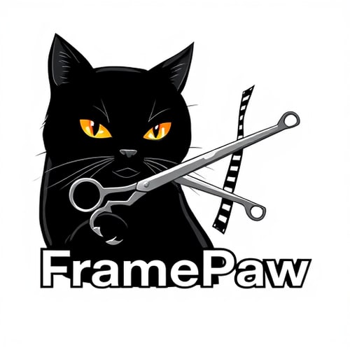 AI Design for Pictorial logo for a YouTube channel named "FramePaw": A sleek, black cat with intelligent eyes, one paw delicately holding scissors mid-cut through a dynamic filmstrip; the filmstrip subtly forms a subtle "F" or "P". The cat should exude sophistication and a hint of artistic flair, avoiding any childish or cartoony features. Color palette should be primarily monochromatic with subtle metallic accents (silver or brushed aluminum for scissors and filmstrip) to convey a modern, professional feel. Typography should be a sleek, sans-serif font for "FramePaw" that is modern and easily legible, perhaps with a slight geometric influence. Design influenced by cinematic aesthetics and contemporary graphic design principles; visual execution should be clean, sharp, and vector-based with a focus on negative space and subtle detail. Transparent background.