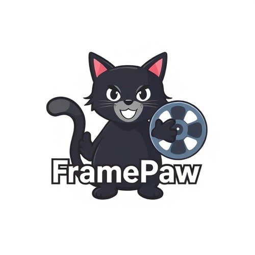 AI Design for Design a logo for the "FramePaw" YouTube channel. Add whole body of black cat who is holding videotape reel