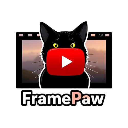 AI Design for Design a logo for the "FramePaw" YouTube channel. Channel related to video montage, it should involve black cat and video frames behind him