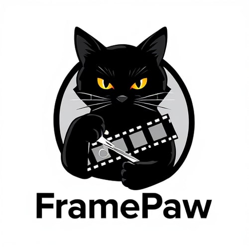 AI Design for Pictorial logo for a YouTube channel named "FramePaw": A sleek, black cat with intelligent eyes, one paw holding scissors mid-cut through a dynamic filmstrip; the filmstrip subtly forms a subtle "F" or "P". The cat should exude sophistication and a hint of artistic flair, avoiding any childish or cartoony features. Color palette should be primarily monochromatic with subtle metallic accents (silver or brushed aluminum for scissors and filmstrip) to convey a modern, professional feel. Typography should be a sleek, sans-serif font for "FramePaw" that is modern and easily legible, perhaps with a slight geometric influence. Design influenced by cinematic aesthetics and contemporary graphic design principles; visual execution should be clean, sharp, and vector-based with a focus on negative space and subtle detail. Transparent background.