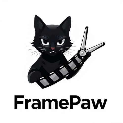 AI Design for Pictorial logo for a YouTube channel named "FramePaw": A sleek, black cat with intelligent eyes, one paw holding scissors mid-cut through a dynamic filmstrip; the filmstrip subtly forms a subtle "F" or "P". The cat should exude sophistication and a hint of artistic flair, avoiding any childish or cartoony features. Color palette should be primarily monochromatic with subtle metallic accents (silver or brushed aluminum for scissors and filmstrip) to convey a modern, professional feel. Typography should be a sleek, sans-serif font for "FramePaw" that is modern and easily legible, perhaps with a slight geometric influence. Design influenced by cinematic aesthetics and contemporary graphic design principles; visual execution should be clean, sharp, and vector-based with a focus on negative space and subtle detail. Transparent background.
