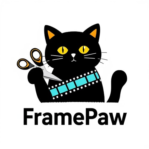 AI Design for A minimalist and modern logo for a YouTube channel named "FramePaw". The logo should feature a black cat with its paw holding a pair of stylized scissors. The scissors are cutting a filmstrip with multiple film frames. The cat should have a friendly or creative expression. The style should be clean, with a simple color palette focused on black, white, and a pop of a single accent color like yellow or turquoise. The name "FramePaw" should be integrated into the design in a sleek, modern font. The background should be transparent
