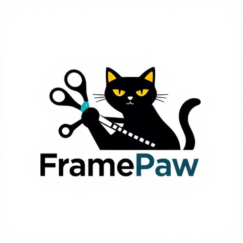 AI Design for A minimalist and modern logo for a YouTube channel named "FramePaw". The logo should feature a black cat with its paw holding a pair of stylized scissors. The scissors are cutting a filmstrip with multiple film frames. The cat should have a friendly or creative expression. The style should be clean, with a simple color palette focused on black, white, and a pop of a single accent color like yellow or turquoise. The name "FramePaw" should be integrated into the design in a sleek, modern font. The background should be transparent