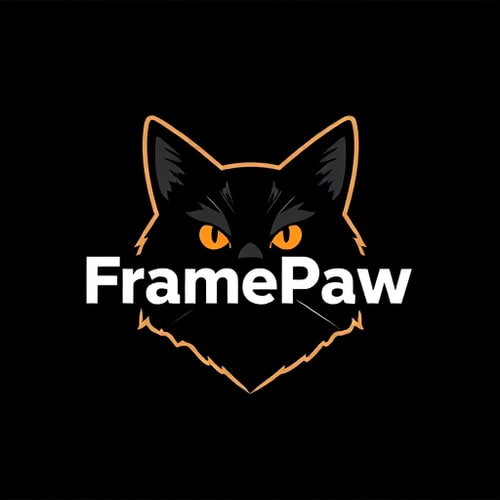 AI Design for Design a logo for the "FramePaw" YouTube channel. Channel related to video montage, it should involve black cat