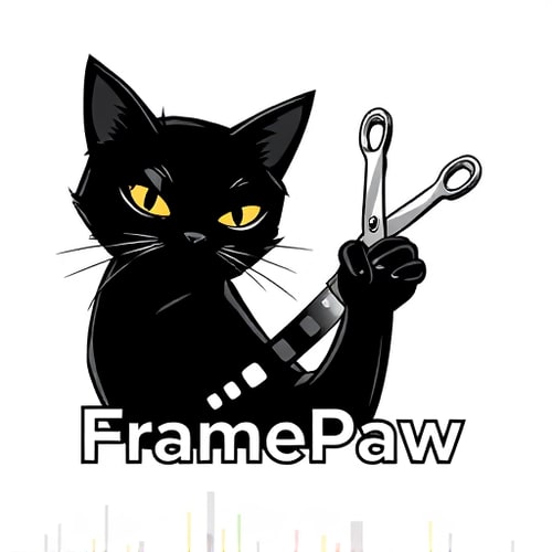 AI Design for Pictorial logo for a YouTube channel named "FramePaw": A sleek, black cat with intelligent eyes, one paw delicately holding scissors mid-cut through a dynamic filmstrip; the filmstrip subtly forms a subtle "F" or "P". The cat should exude sophistication and a hint of artistic flair, avoiding any childish or cartoony features. Color palette should be primarily monochromatic with subtle metallic accents (silver or brushed aluminum for scissors and filmstrip) to convey a modern, professional feel. Typography should be a sleek, sans-serif font for "FramePaw" that is modern and easily legible, perhaps with a slight geometric influence. Design influenced by cinematic aesthetics and contemporary graphic design principles; visual execution should be clean, sharp, and vector-based with a focus on negative space and subtle detail. Transparent background.