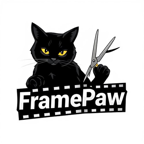 AI Design for Pictorial logo for a YouTube channel named "FramePaw": A sleek, black cat with intelligent eyes, one paw delicately holding scissors mid-cut through a dynamic filmstrip; the filmstrip subtly forms a subtle "F" or "P". The cat should exude sophistication and a hint of artistic flair, avoiding any childish or cartoony features. Color palette should be primarily monochromatic with subtle metallic accents (silver or brushed aluminum for scissors and filmstrip) to convey a modern, professional feel. Typography should be a sleek, sans-serif font for "FramePaw" that is modern and easily legible, perhaps with a slight geometric influence. Design influenced by cinematic aesthetics and contemporary graphic design principles; visual execution should be clean, sharp, and vector-based with a focus on negative space and subtle detail. Transparent background.