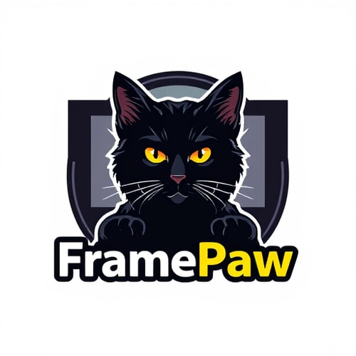AI Design for Design a logo for the "FramePaw" YouTube channel. Channel related to video montage, it should involve black cat and video frames behind him