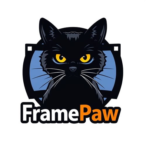 AI Design for Design a logo for the "FramePaw" YouTube channel. Channel related to video montage, it should involve black cat and video frames behind him