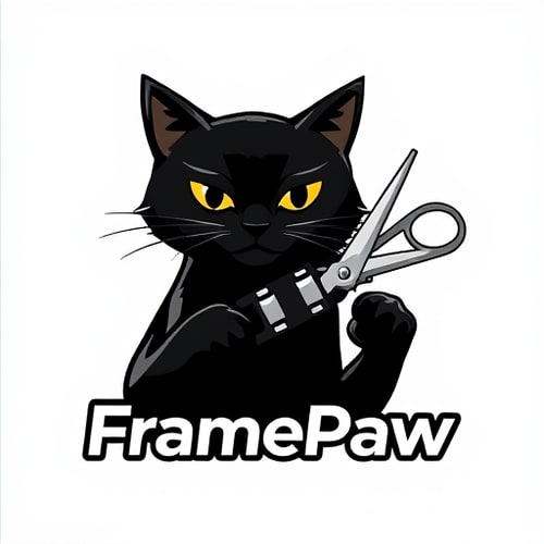 AI Design for Pictorial logo for a YouTube channel named "FramePaw": A sleek, black cat with intelligent eyes, one paw holding scissors mid-cut through a dynamic filmstrip; the filmstrip subtly forms a subtle "F" or "P". The cat should exude sophistication and a hint of artistic flair, avoiding any childish or cartoony features. Color palette should be primarily monochromatic with subtle metallic accents (silver or brushed aluminum for scissors and filmstrip) to convey a modern, professional feel. Typography should be a sleek, sans-serif font for "FramePaw" that is modern and easily legible, perhaps with a slight geometric influence. Design influenced by cinematic aesthetics and contemporary graphic design principles; visual execution should be clean, sharp, and vector-based with a focus on negative space and subtle detail. Transparent background.