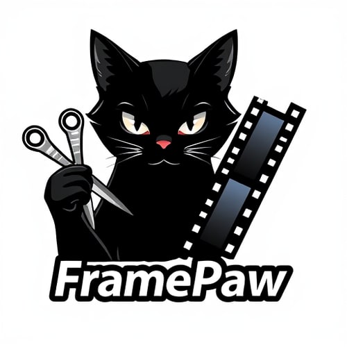 AI Design for Pictorial logo for a YouTube channel named "FramePaw": A sleek, black cat with intelligent eyes, one paw holding scissors mid-cut through a dynamic filmstrip; the filmstrip subtly forms a subtle "F" or "P". The cat should exude sophistication and a hint of artistic flair, avoiding any childish or cartoony features. Color palette should be primarily monochromatic with subtle metallic accents (silver or brushed aluminum for scissors and filmstrip) to convey a modern, professional feel. Typography should be a sleek, sans-serif font for "FramePaw" that is modern and easily legible, perhaps with a slight geometric influence. Design influenced by cinematic aesthetics and contemporary graphic design principles; visual execution should be clean, sharp, and vector-based with a focus on negative space and subtle detail. Transparent background.