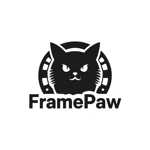 AI Design for Design a logo for the "FramePaw" YouTube channel. It should feature a black cat(full cat, not just head) and a videotape reel