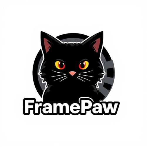 AI Design for Design a logo for the "FramePaw" YouTube channel. It should feature a black cat(full cat, not just head) and a videotape reel