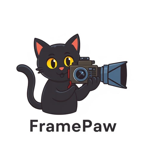AI Design for Design a logo for the "FramePaw" YouTube channel. Add whole body of black cat who is holding camera. Cat must be simple, not cartoonish