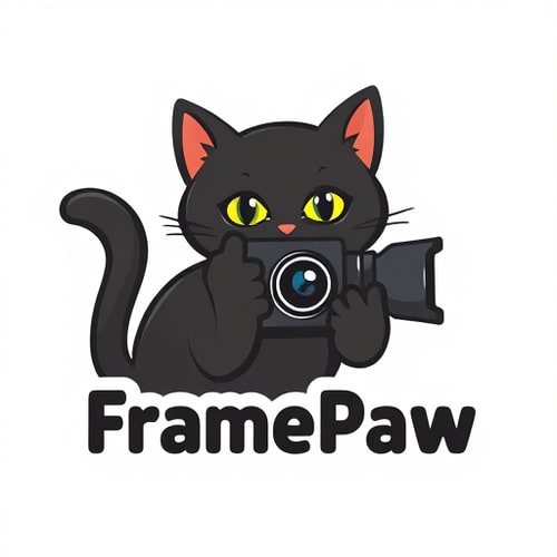 AI Design for Design a logo for the "FramePaw" YouTube channel. Add whole body of black cat who is holding camera. Cat must be simple, not cartoonish