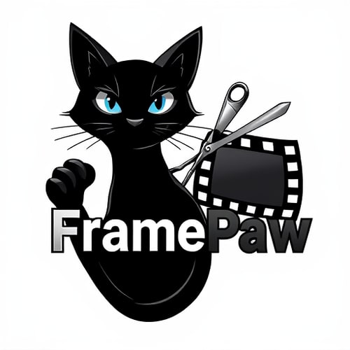 AI Design for Pictorial logo for a YouTube channel named "FramePaw": A sleek, black cat with intelligent eyes, one paw delicately holding scissors mid-cut through a dynamic filmstrip; the filmstrip subtly forms a subtle "F" or "P". The cat should exude sophistication and a hint of artistic flair, avoiding any childish or cartoony features. Color palette should be primarily monochromatic with subtle metallic accents (silver or brushed aluminum for scissors and filmstrip) to convey a modern, professional feel. Typography should be a sleek, sans-serif font for "FramePaw" that is modern and easily legible, perhaps with a slight geometric influence. Design influenced by cinematic aesthetics and contemporary graphic design principles; visual execution should be clean, sharp, and vector-based with a focus on negative space and subtle detail. Transparent background.