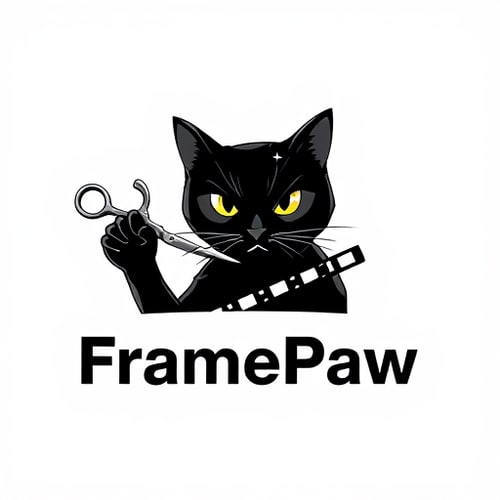 AI Design for Pictorial logo for a YouTube channel named "FramePaw": A sleek, black cat with intelligent eyes, one paw delicately holding scissors mid-cut through a dynamic filmstrip; the filmstrip subtly forms a subtle "F" or "P". The cat should exude sophistication and a hint of artistic flair, avoiding any childish or cartoony features. Color palette should be primarily monochromatic with subtle metallic accents (silver or brushed aluminum for scissors and filmstrip) to convey a modern, professional feel. Typography should be a sleek, sans-serif font for "FramePaw" that is modern and easily legible, perhaps with a slight geometric influence. Design influenced by cinematic aesthetics and contemporary graphic design principles; visual execution should be clean, sharp, and vector-based with a focus on negative space and subtle detail. Transparent background.