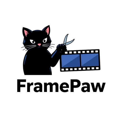 AI Design for Pictorial logo for a YouTube channel named "FramePaw": A black cat with its paw holding scissors cutting a filmstrip, sleek modern font for "FramePaw", transparent background.