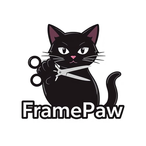 AI Design for Pictorial logo for a YouTube channel named "FramePaw": A black cat with its paw holding scissors cutting a filmstrip, sleek modern font for "FramePaw", transparent background.