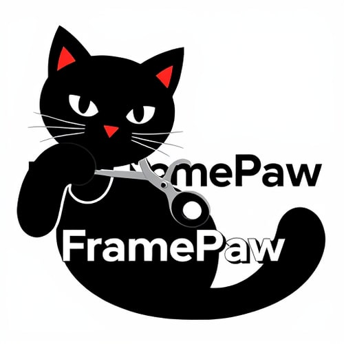 AI Design for logo for a YouTube channel named "FramePaw". The logo should feature a black cat with its paw holding a pair of scissors. The scissors are cutting a filmstrip with multiple film frames. The style should be clean, with a simple color palette focused on black, white, and a pop of a single accent color like red or dark blue. The name "FramePaw" should be integrated into the design in a sleek, modern font. The background should be transparent