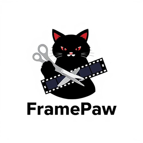 AI Design for logo for a YouTube channel named "FramePaw". The logo should feature a black cat with its paw holding a pair of scissors. The scissors are cutting a filmstrip with multiple film frames. The style should be clean, with a simple color palette focused on black, white, and a pop of a single accent color like red or dark blue. The name "FramePaw" should be integrated into the design in a sleek, modern font. The background should be transparent