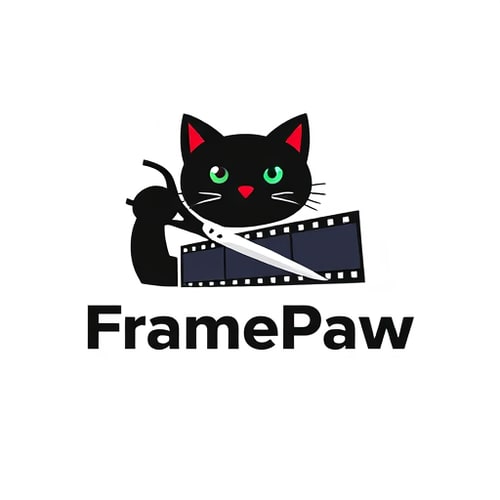 AI Design for A minimalist and modern logo for a YouTube channel named "FramePaw". The logo should feature a black cat with its paw holding a pair of scissors. The scissors are cutting a filmstrip with multiple film frames. The style should be clean, with a simple color palette focused on black, white, and a pop of a single accent color like red or dark blue. The name "FramePaw" should be integrated into the design in a sleek, modern font. The background should be transparent